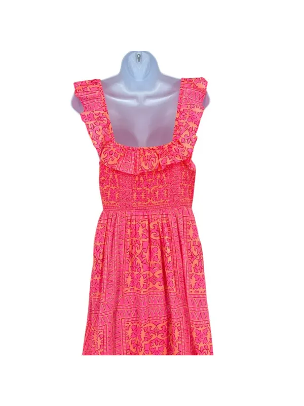 Vineyard Vines Neon Tortola Smocked Midi Dress Vibrant Pink Orange Size Medium - Image 6