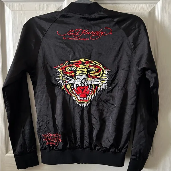 Ed Hardy Womens Bomber Jacket Black Zip Roar Embroidered Butterfly‎ Eyes Vintage - Image 2