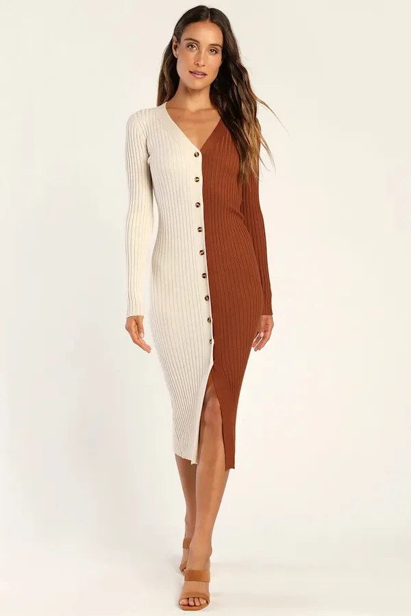 Ermanna Mixed Media Colorblock Ribbed Button Up Midi Dress - Image 6