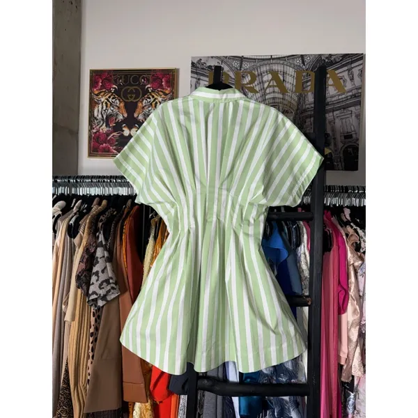 Exquise Tobie Green Striped Button Front Pleated Mini Shirtdress Medium New NWT - Image 10