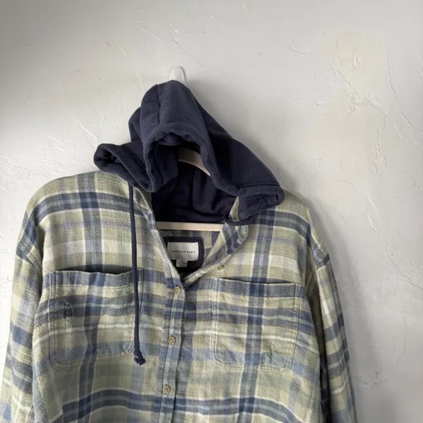 American Eagle Outfitters Plaid Cropped Shirt Jacket Hoodie Blue‎ Green Womens L - Image 2