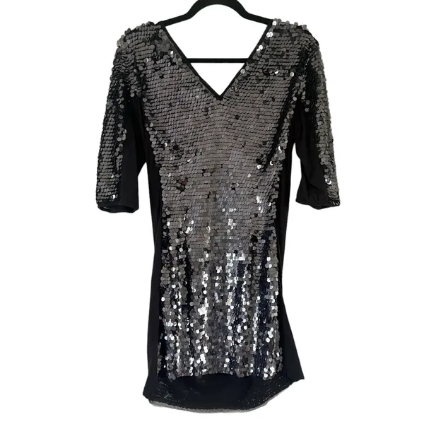 Mac Duggal Black Sequined Bodycon Short Sleeve Mini Dress Size 6 - Image 2