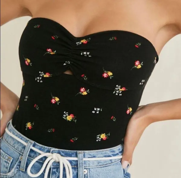 Forever21 Black Floral Knit Tube Bodysuit Top - Image 3