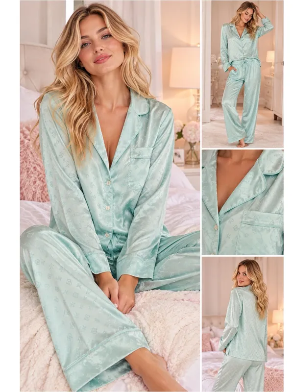 Victoria’s Secret Satin Pajama Set XS Mint Green Monogram Button Front NWOT - Image 2