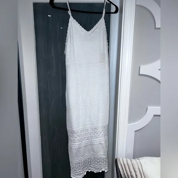 Freshman 1996 White Crochet Long Dress Adjustable Straps Fully Lined Size S - Image 3