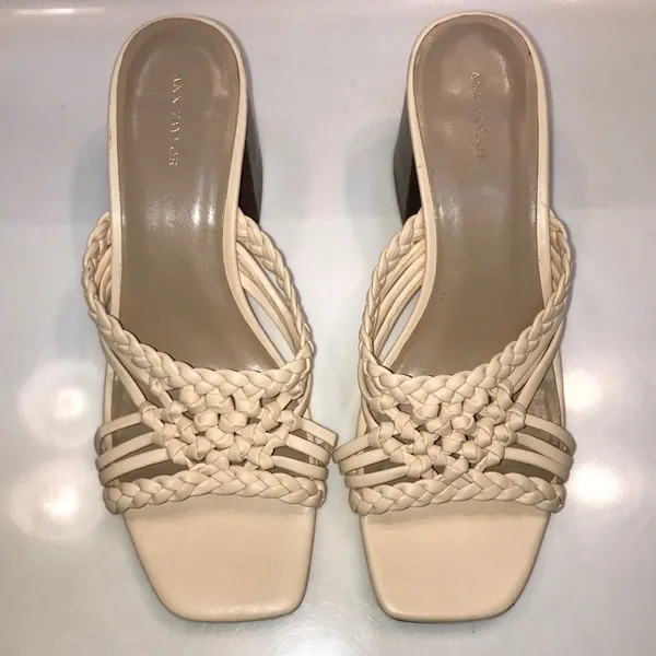 Ann Taylor Women’s Leather Cream Woven Braided Square Toe Chunky Block Heels - Image 2