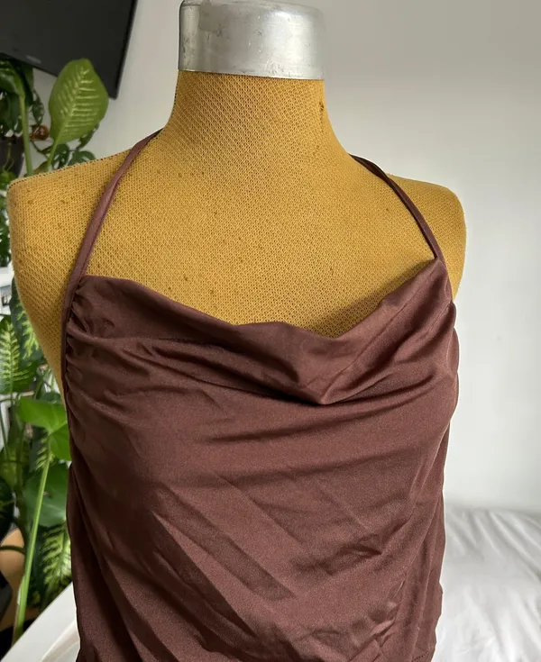 Brown cowl neck self tie open back tank top Size XL - Image 2