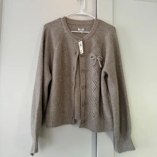 NWT Aerie Pointelle Bow Cardigan Sweater Tan Oatmeal size small - Image 7
