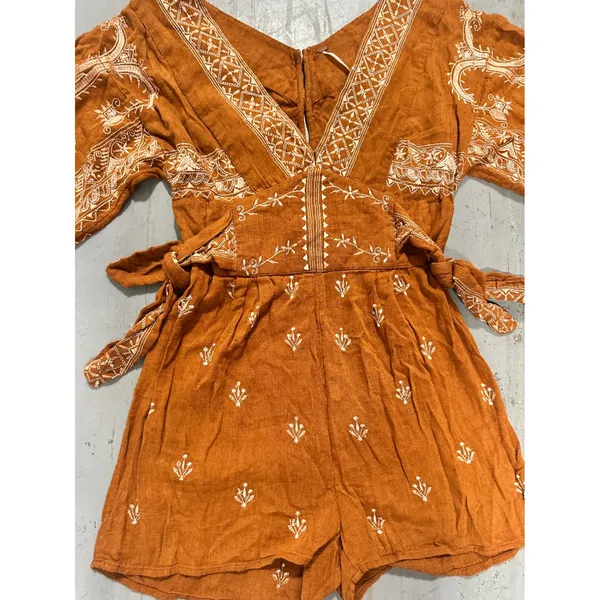 Free People Rust Orange Embroidered Long Sleeve Romper Boho V-Neck Small - Image 3