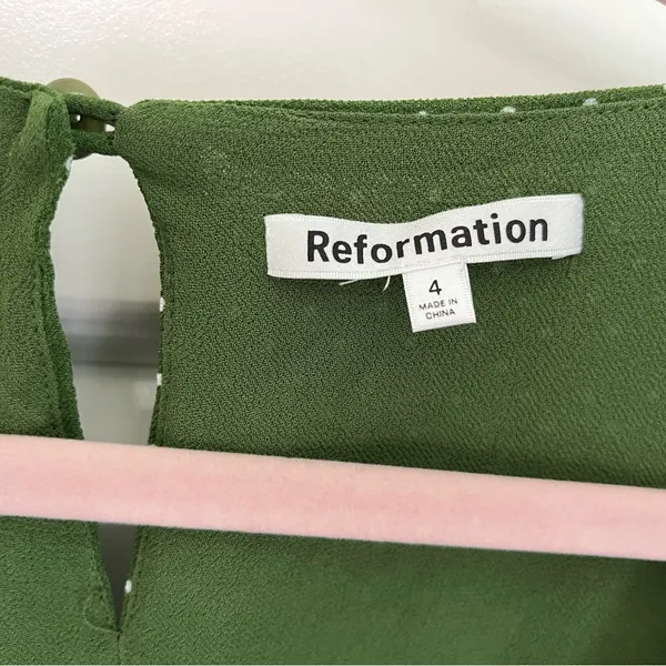 Reformation Hearth Green Dotted Smocked Blouse Size 4 - Image 4