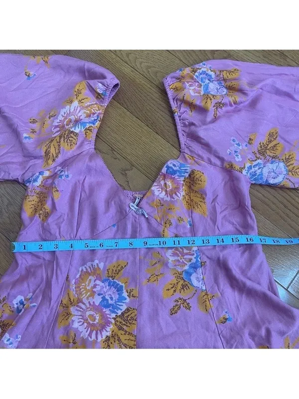 FREE PEOPLE Francesca Mini Babydoll Coqette Dress Floral Pink Puff Long sleeve L - Image 9