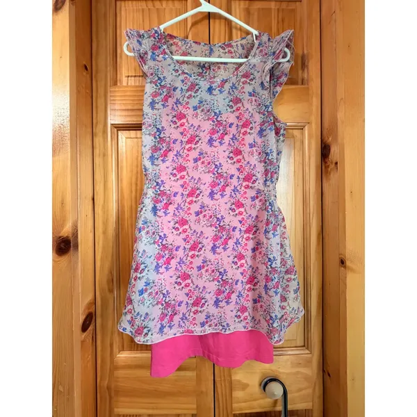 Superdry Floral Chiffon Mini Dress Pink Flutter Sleeve Layered Size Small - Image 3