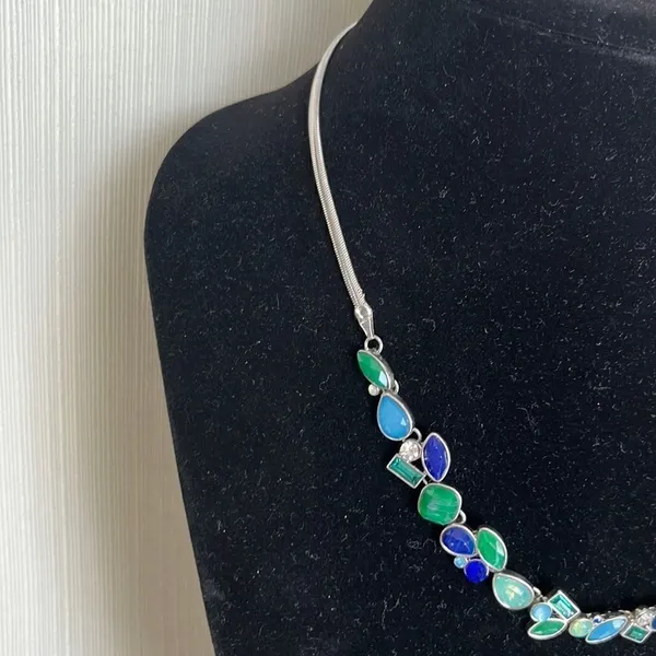 Jewelry Set- Silver Tone with Blue and Green Crystals Necklace and Earring - Image 3