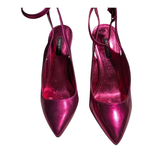 Nine West Tabita Fuchsia Pink Metallic Pointed Toe Flare Heel Ankle Strap Pump 8 - Image 2