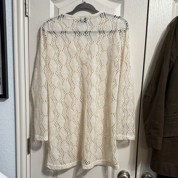 Cream Open Knit Sheer Lace Long Sleeve Duster Cardigan Boho Festival Hippie - Image 4
