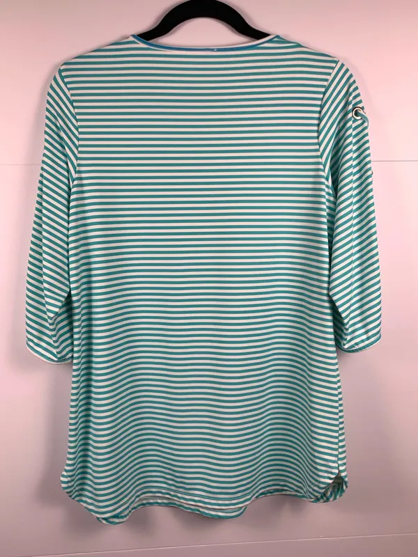 Lulu B Small Aqua Stripe UPF Top Lace Sleeve Coastal Beach Resort Cruise - Image 7