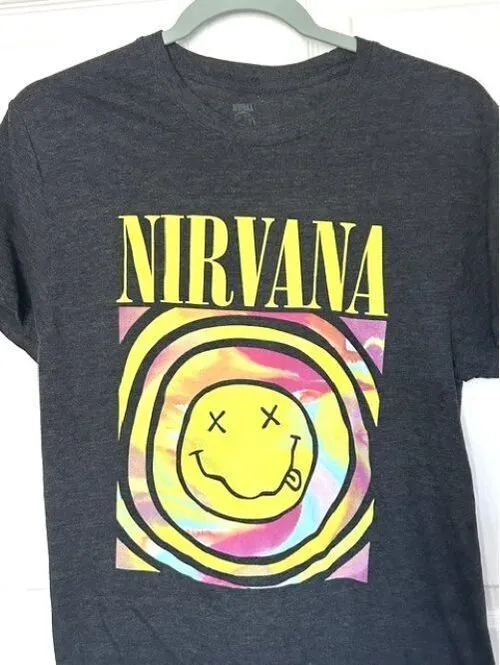 Nirvana Smiley Face Graphic Tee‎ Alternative Band T-Shirt Gray Size Small/Medium - Image 7