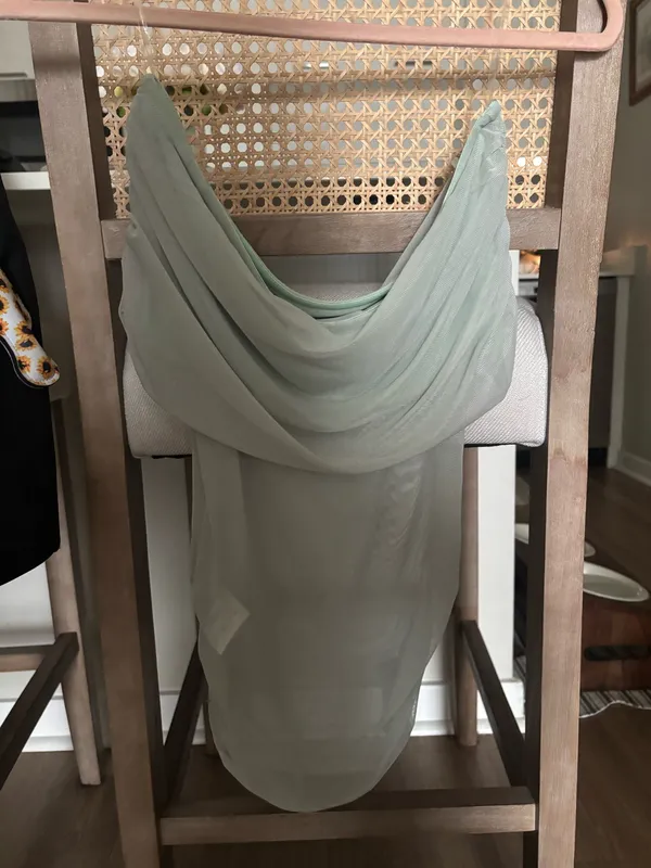 Peppermayo Off-Shoulder Sage Green Ruched Mesh Top - Image 2