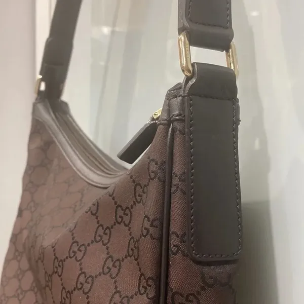 Gucci Canvas Brown Nylon Logo Print Leather Hobo Shoulder Tote Bag Purse - Image 6