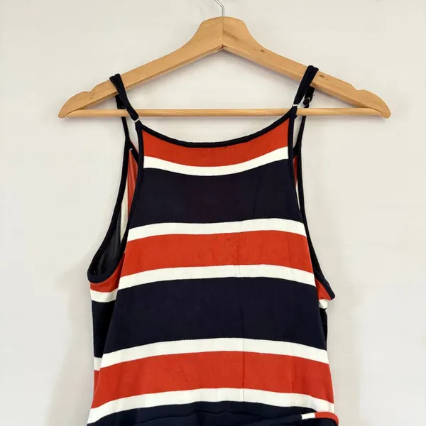 Market & Spruce Striped Faux Wrap Midi Dress Navy Blue Orange‎ Red Womens Medium - Image 5