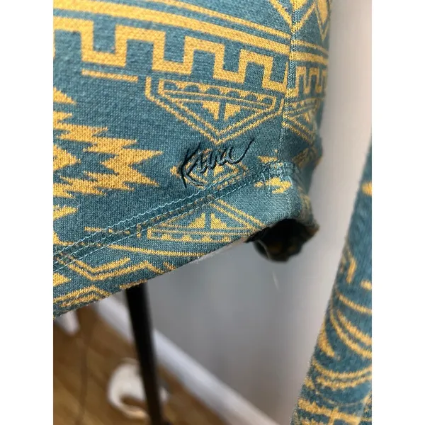 KAVU Women's Skylar semi-fitted cowl neck shirt, green and yellow aztec print XS - Image 2