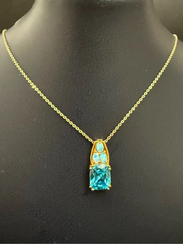 925 Sterling Gold Vermeil Cushion Cut Blue Topaz Gemstone Opal Pendant Necklace - Image 2