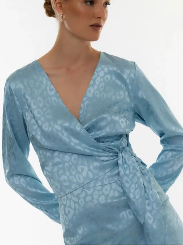 NWT ASOS DESIGN Blue Satin Jacquard Wrap Crop Top Long Sleeve V-Neck Sz S - Image 4
