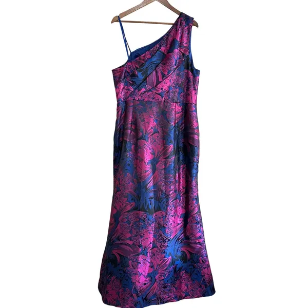 Adrianna Papell Size 20 Blue Pink Brocade Floral Formal Dress One Shoulder - Image 13