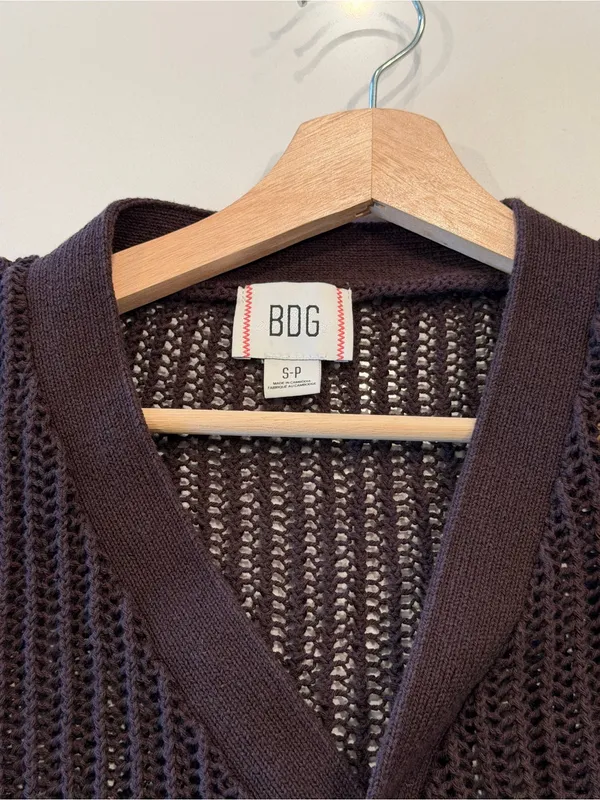 BDG Open-Weave V-Neck Cardigan in‎ Dark Brown - Image 3