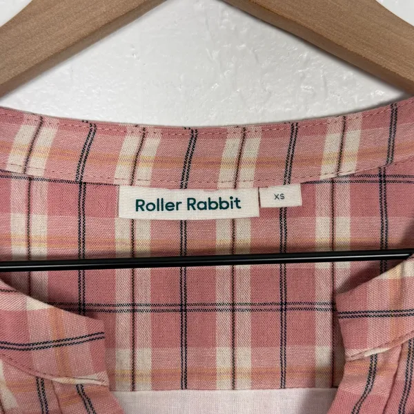 Roller Rabbit Plaid Long Sleeve V-Neck Mini Dress Cotton Pink Size XS - Image 3