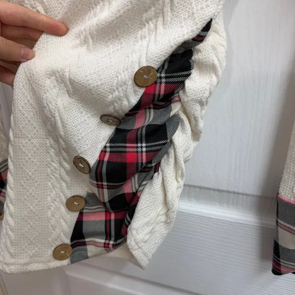 Women's cream cable knit plaid hooded long sleeve stretch soft knit‎ sweater M - Image 4