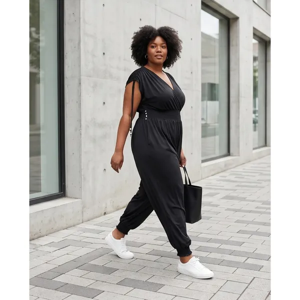 Black V-Neck Smocked Waist Harem Jumpsuit with Pockets - Image 2