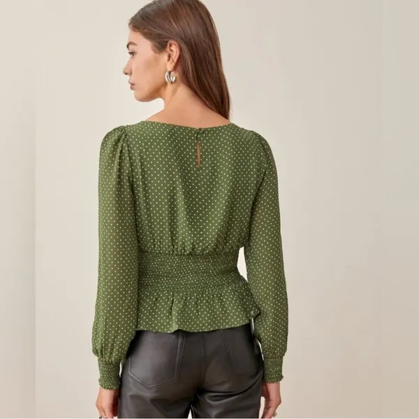 Reformation Hearth Green Dotted Smocked Blouse Size 4 - Image 3
