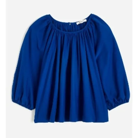 Madewell Top Womens Small‎ Blue Shirred Puff Sleeve Top Cotton Silk NV194 - Image 4