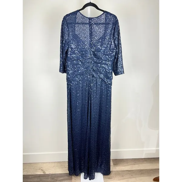 La Femme Navy Sequin Ruched V-Neck Evening Gown Dress Size 14 - Image 3