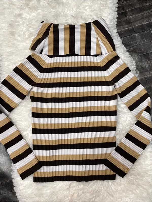 J Crew Brown Tan Striped Fold Over Turtleneck Ribbed Sweater Alt Y2k Fall Chic - Image 5