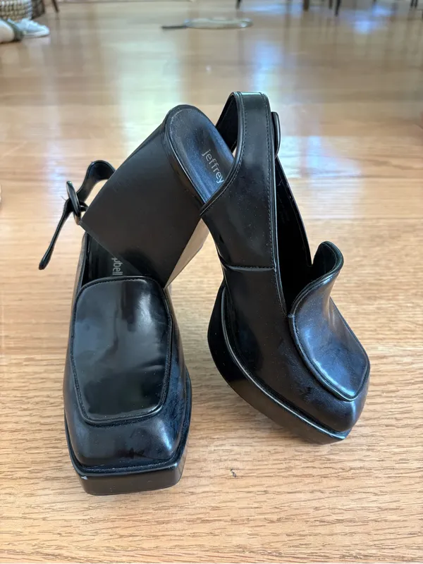 Jeffrey Campbell Black Leather Square-Toe Slingback heeled Loafers - Image 6