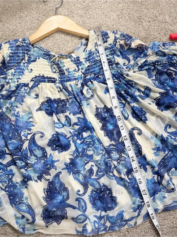 Free People Women’s Up For Anything Western Shirt Smocked Mesh Floral Blue S - Image 11