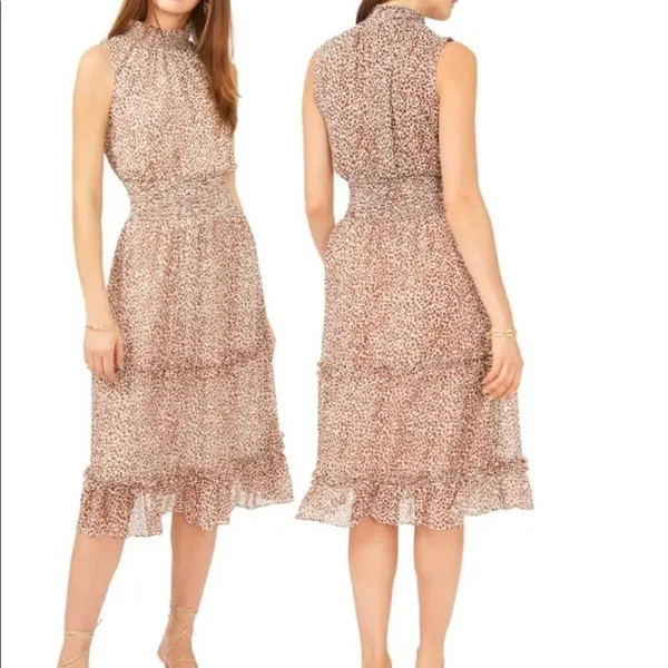 1.State‎ Animal Print Chiffon Smocked Mock Neck Dress in Brown Taupe - Image 2