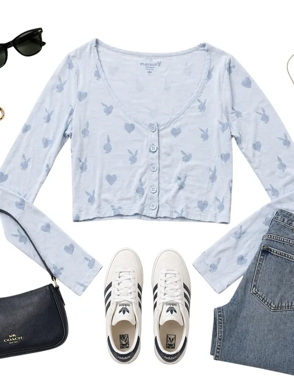 Playboy PacSun Y2K Bunny Heart Print Blue Cropped Cardigan Top Womens Small GUC - Image 4