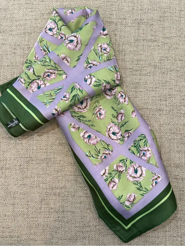 Floral satin like Scarf in Green & Lavender - Image 3