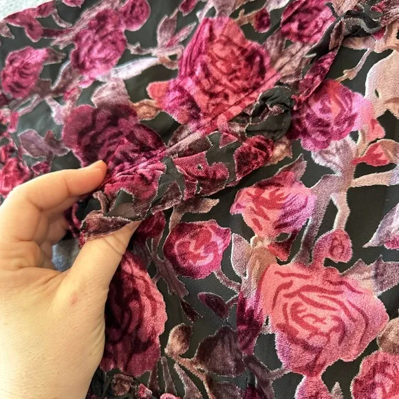 Salt Dark Rose Floral Burnout Velvet Midi‎ Dress Puff Sleeve Pink Purple Ruffle - Image 5