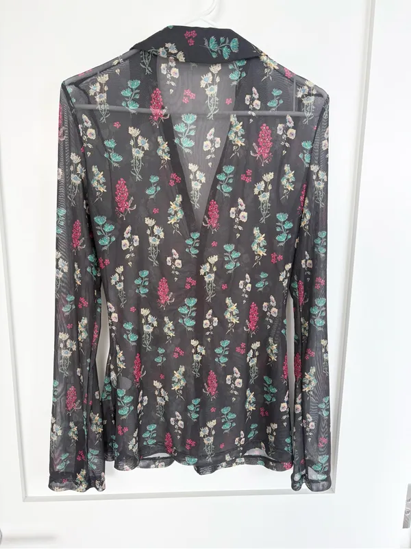 Natural Life Carina Mesh Top Floral Sheer Ruched Button Front Boho Whimsigoth-L - Image 6