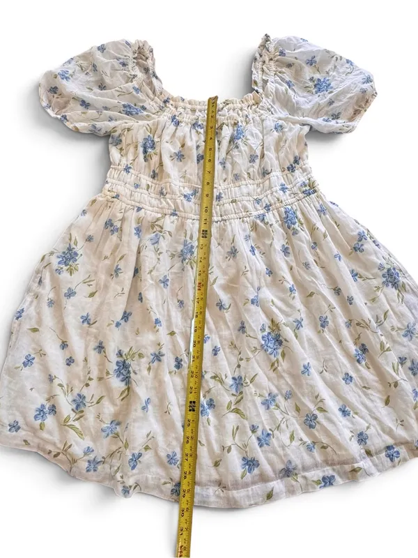 Cream Floral Puff-Sleeve BoHo flowery cottage core Dress with Blue Flowers - Image 8