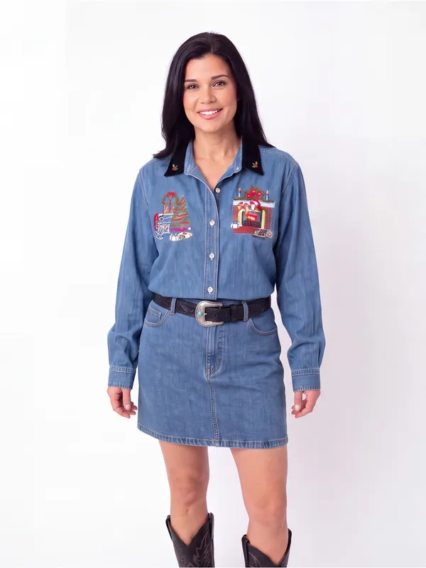 Vintage 90s Ugly Christmas Embroidered Denim Holiday Shirt Velvet Collar - Image 2