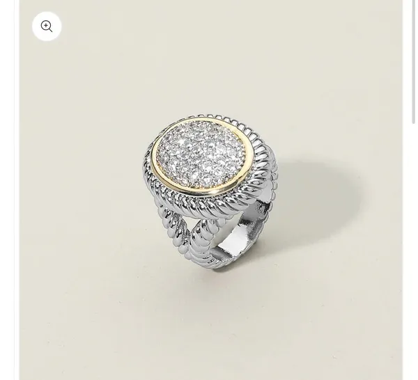 Two Tone Stone Paved Round Statement Ring Silver Size 6 - Image 2