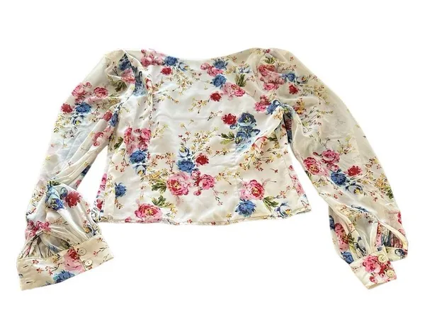 LPA CORA FLORAL LONG puff SLEEVE SQUARE NECK CROPPED BLOUSE TOP M - Image 6