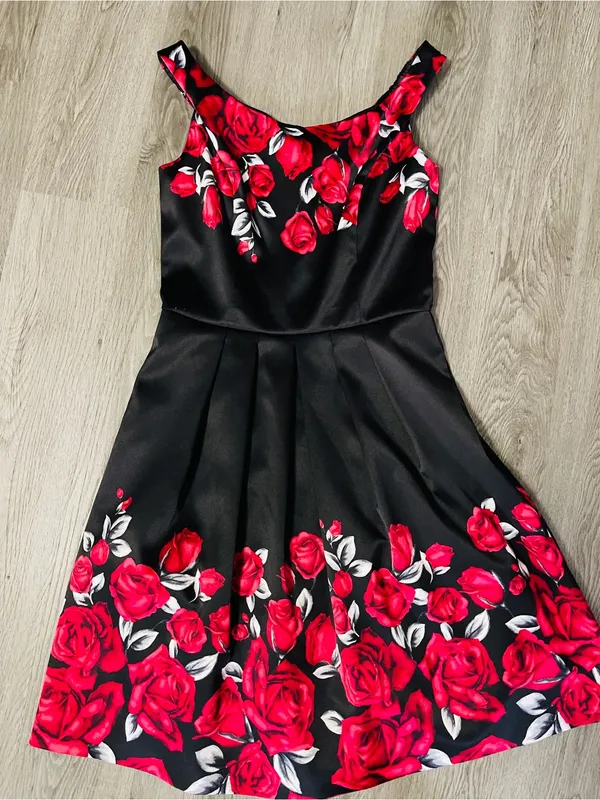Vintage Formal Dark Romantic Satin Red Rose Gothic Flare Dress 6 Vampy Grunge - Image 2