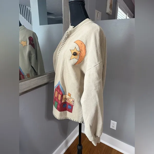 Jerzees VTG Cottagecore Granny Twee Patchwork Farmhouse Beige Cardigan Large. - Image 5
