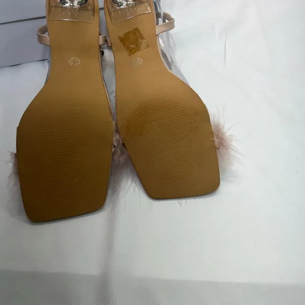 Pink Feathered Heels Women 7.5-8 39 Pink/Beige Strappy‎ Transparent Heel Elegant - Image 7